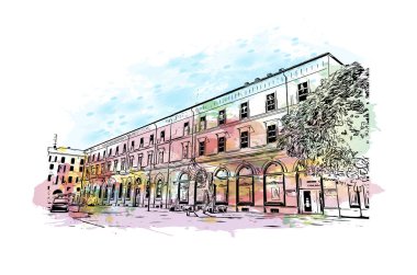 Print Building view with landmark Novara is the city in Italy. Watercolor splash with hand drawn sketch illustration in vector.