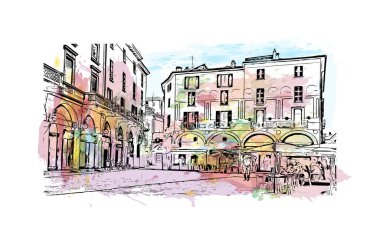 Print Building view with landmark Novara is the city in Italy. Watercolor splash with hand drawn sketch illustration in vector.