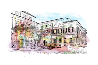 Print Building view with landmark Novara is the city in Italy. Watercolor splash with hand drawn sketch illustration in vector.