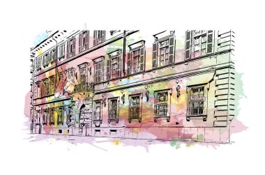 Print Building view with landmark Novara is the city in Italy. Watercolor splash with hand drawn sketch illustration in vector.