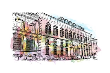 Print Building view with landmark Novara is the city in Italy. Watercolor splash with hand drawn sketch illustration in vector.