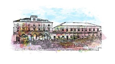 Print Building view with landmark Novara is the city in Italy. Watercolor splash with hand drawn sketch illustration in vector.