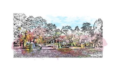 Print Building view with landmark Novara is the city in Italy. Watercolor splash with hand drawn sketch illustration in vector.