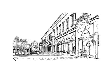 Print Building view with landmark Novara is the city in Italy. Hand drawn sketch illustration in vector.