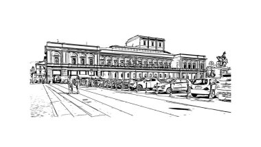 Print Building view with landmark Novara is the city in Italy. Hand drawn sketch illustration in vector.