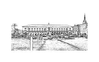 Print Building view with landmark Novara is the city in Italy. Hand drawn sketch illustration in vector.