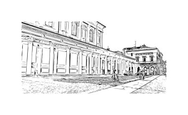 Print Building view with landmark Novara is the city in Italy. Hand drawn sketch illustration in vector.