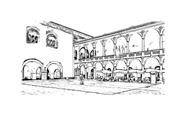 Print Building view with landmark Novara is the city in Italy. Hand drawn sketch illustration in vector.