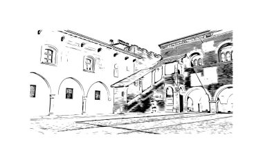 Print Building view with landmark Novara is the city in Italy. Hand drawn sketch illustration in vector.