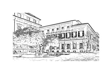 Print Building view with landmark Novara is the city in Italy. Hand drawn sketch illustration in vector.