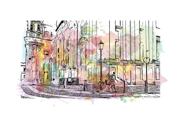 Print Building View Landmark Novara City Italy Watercolor Splash Hand — Image vectorielle