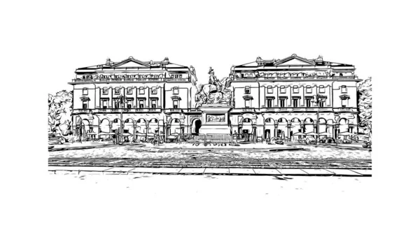 Print Building View Landmark Novara City Italy Hand Drawn Sketch — Stockvector