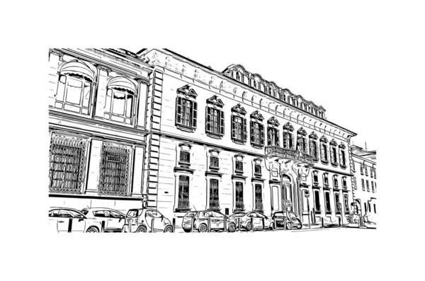 Print Building view with landmark Novara is the city in Italy. Hand drawn sketch illustration in vector.