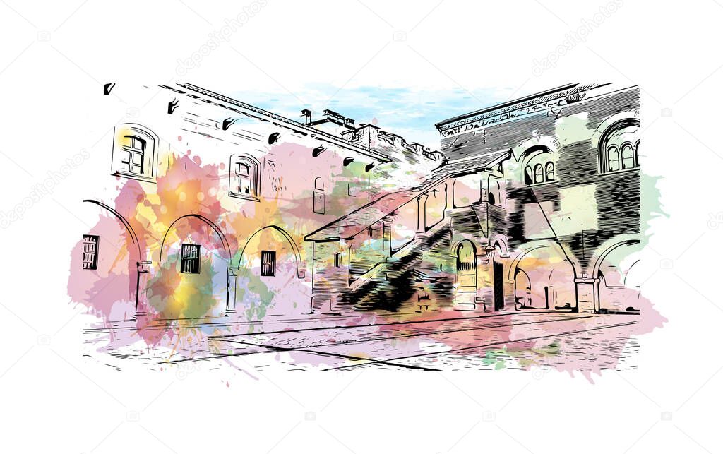 Print Building view with landmark Novara is the city in Italy. Watercolor splash with hand drawn sketch illustration in vector.