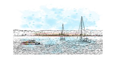 Print Building view with landmark of Novigrad is a free city within Redania. Watercolor splash with hand drawn sketch illustration in vector.
