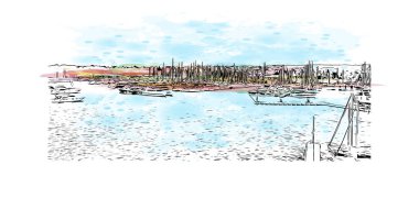 Print Building view with landmark of Novigrad is a free city within Redania. Watercolor splash with hand drawn sketch illustration in vector.