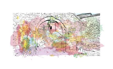 Print Building view with landmark of Novigrad is a free city within Redania. Watercolor splash with hand drawn sketch illustration in vector.