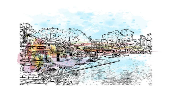 Print Building View Landmark Novigrad Free City Redania Watercolor Splash — Image vectorielle