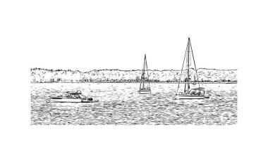 Print Building view with landmark of Novigrad is a free city within Redania. Hand drawn sketch illustration in vector.