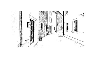 Print Building view with landmark of Novigrad is a free city within Redania. Hand drawn sketch illustration in vector.