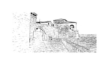 Print Building view with landmark of Novigrad is a free city within Redania. Hand drawn sketch illustration in vector.