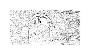 Print Building view with landmark of Novigrad is a free city within Redania. Hand drawn sketch illustration in vector.