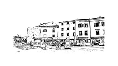 Print Building view with landmark of Novigrad is a free city within Redania. Hand drawn sketch illustration in vector.