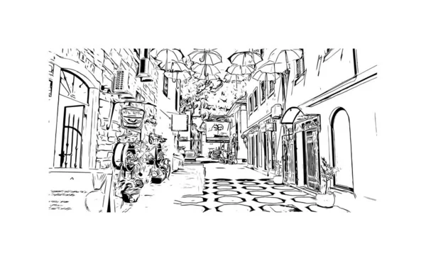 Print Building View Landmark Novigrad Free City Redania Hand Drawn — Image vectorielle