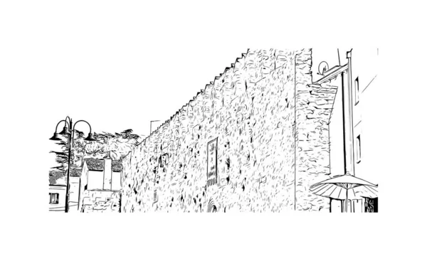 Print Building View Landmark Novigrad Free City Redania Hand Drawn — Vector de stock