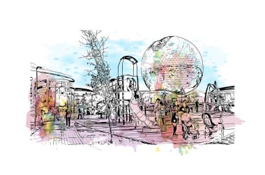 Print Building view with landmark of Nur Sultan is the capital of Kazakhstan. Watercolor splash with hand drawn sketch illustration in vector.