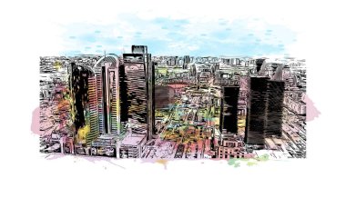 Print Building view with landmark of Nur Sultan is the capital of Kazakhstan. Watercolor splash with hand drawn sketch illustration in vector.