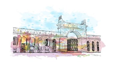 Print Building view with landmark of Nur Sultan is the capital of Kazakhstan. Watercolor splash with hand drawn sketch illustration in vector.