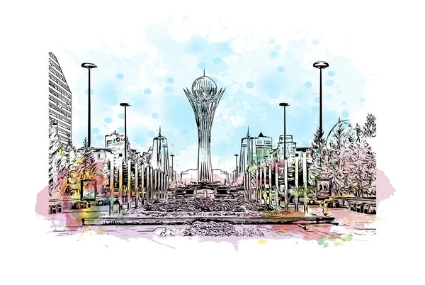 Print Building View Landmark Nur Sultan Capital Kazakhstan Watercolor Splash — Stockvector