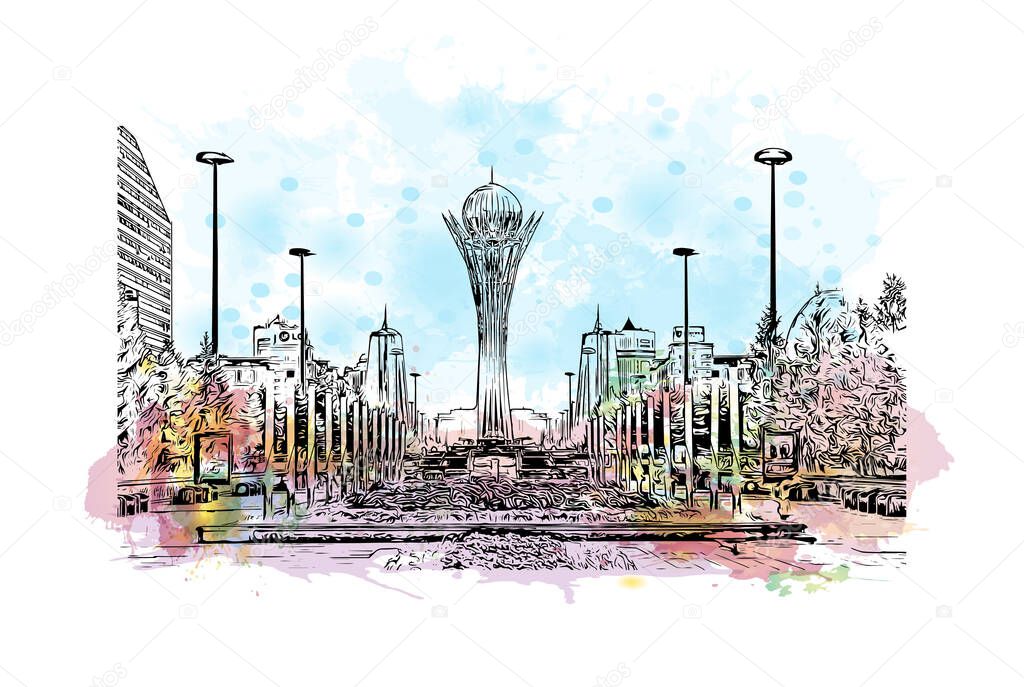 Print Building view with landmark of Nur Sultan is the capital of Kazakhstan. Watercolor splash with hand drawn sketch illustration in vector.