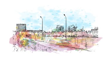 Print Building view with landmark of Nur Sultan is the capital of Kazakhstan. Watercolor splash with hand drawn sketch illustration in vector.