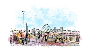 Print Building view with landmark of Nur Sultan is the capital of Kazakhstan. Watercolor splash with hand drawn sketch illustration in vector.