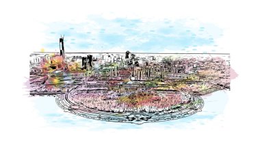 Print Building view with landmark of Nur Sultan is the capital of Kazakhstan. Watercolor splash with hand drawn sketch illustration in vector.