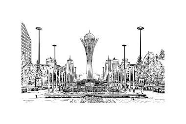 Print Building view with landmark of Nur Sultan is the capital of Kazakhstan. Hand drawn sketch illustration in vector.