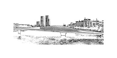 Print Building view with landmark of Nur Sultan is the capital of Kazakhstan. Hand drawn sketch illustration in vector.