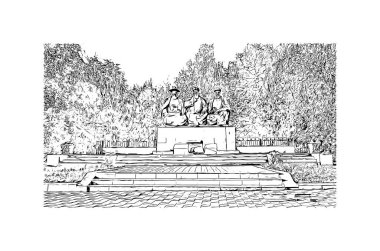 Print Building view with landmark of Nur Sultan is the capital of Kazakhstan. Hand drawn sketch illustration in vector.