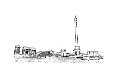 Print Building view with landmark of Nur Sultan is the capital of Kazakhstan. Hand drawn sketch illustration in vector.