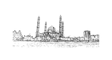 Print Building view with landmark of Nur Sultan is the capital of Kazakhstan. Hand drawn sketch illustration in vector.