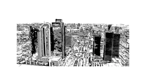 Print Building View Landmark Nur Sultan Capital Kazakhstan Hand Drawn — Stok Vektör