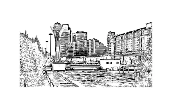 Print Building View Landmark Nur Sultan Capital Kazakhstan Hand Drawn — Image vectorielle