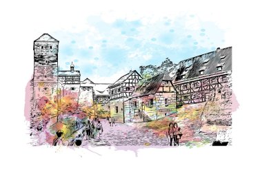 Print Building view with landmark of Nuremberg is the city in Germany. Watercolor splash with hand drawn sketch illustration in vector.