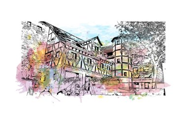 Print Building view with landmark of Nuremberg is the city in Germany. Watercolor splash with hand drawn sketch illustration in vector.