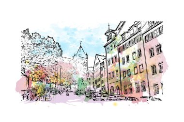 Print Building view with landmark of Nuremberg is the city in Germany. Watercolor splash with hand drawn sketch illustration in vector.