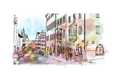 Print Building view with landmark of Nuremberg is the city in Germany. Watercolor splash with hand drawn sketch illustration in vector.
