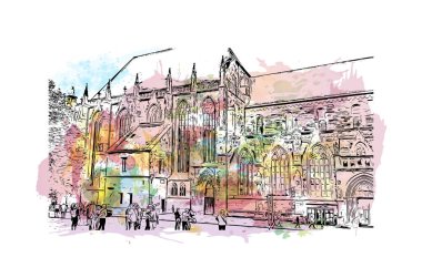 Print Building view with landmark of Nuremberg is the city in Germany. Watercolor splash with hand drawn sketch illustration in vector.