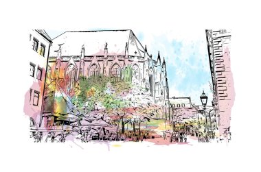 Print Building view with landmark of Nuremberg is the city in Germany. Watercolor splash with hand drawn sketch illustration in vector.